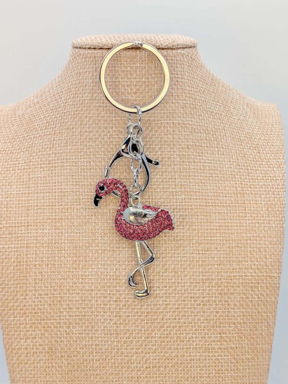 Pink Rhinestone Metal Flamingo Keychain Bag Charm